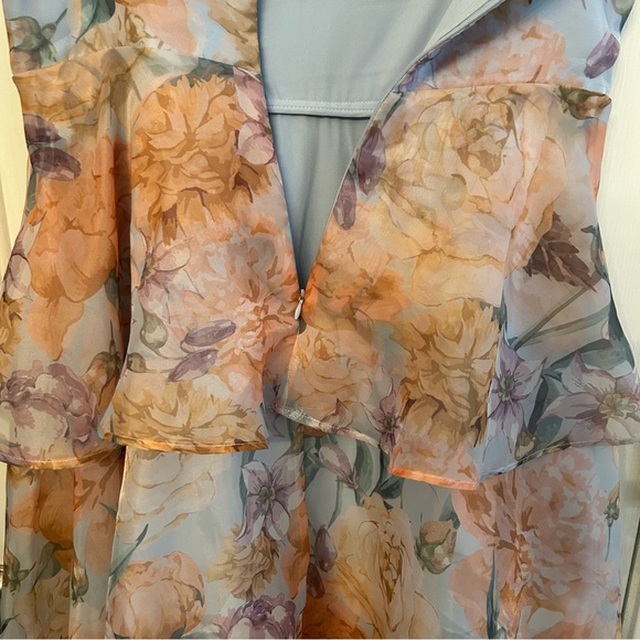 Playfully Posh Blue Floral Organza Tie-Strap Tiered Midi Dress Size XL - Picture 5 of 11